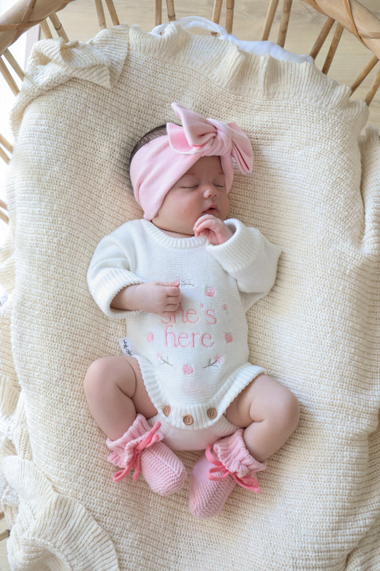 She’s Here Announcement Romper | Strawberry Sundae  | Milk