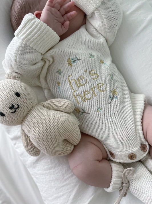 He’s Here Announcement Romper | Honey | Milk + Yellow writing