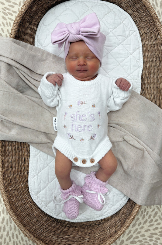 She’s Here Announcement Romper | Honey Blossom  | Coconut + Lilac Writing