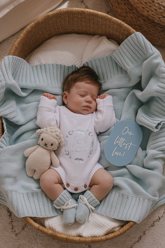 He’s Here Announcement Romper | Cloud | Coconut