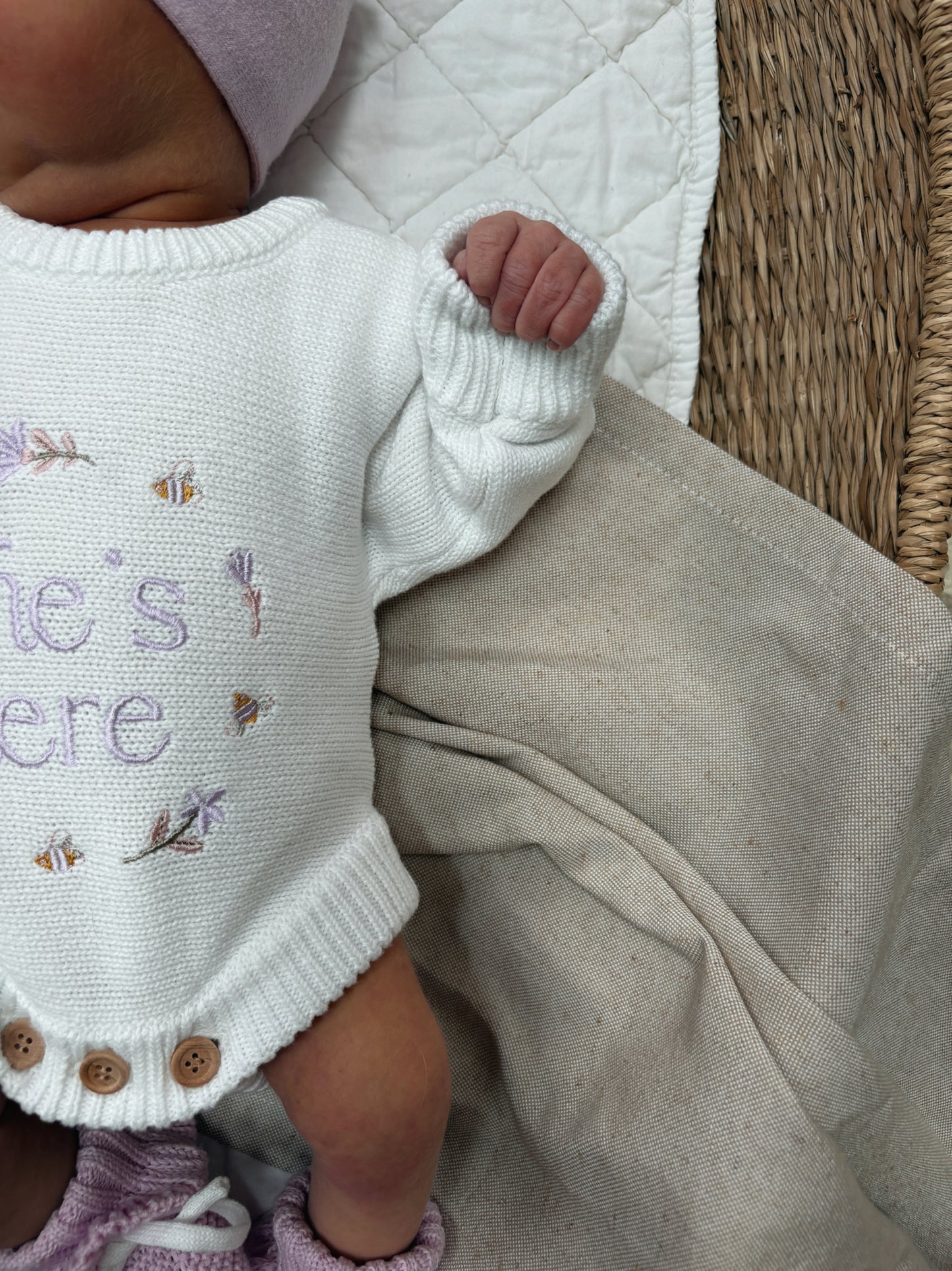 She’s Here Announcement Romper | Honey Blossom  | Coconut + Lilac Writing